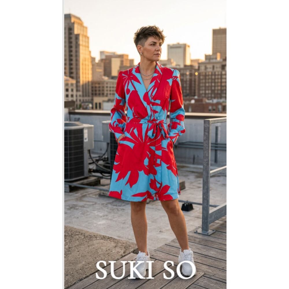NWT Suki So Satin Floral Wrap Dress Pink Blue Statement Sleeve Dress